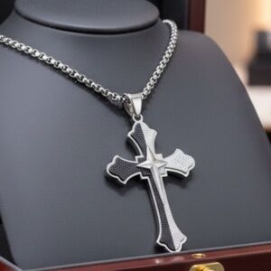 Mens Sliver Cross Pendant Necklace Stainless‎ Steel Titanium Black 24"
